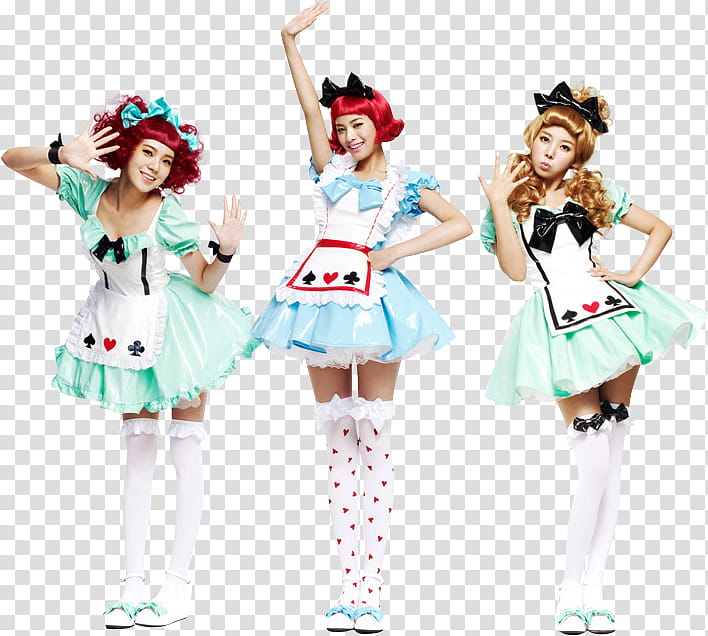 Orange Caramel Render, three women wearing teal mini dresses raising hands transparent background PNG clipart