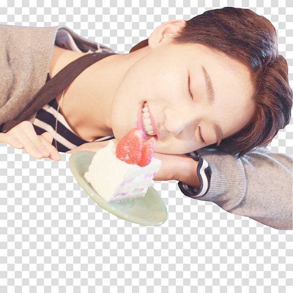 Seventeen , man napping on table near cake with strawberry toppings transparent background PNG clipart