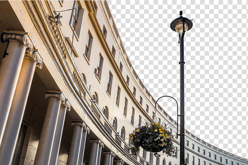 London, black lamppost in front of beige building transparent background PNG clipart