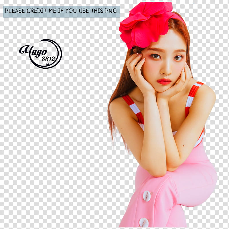 RED VELVET POWER UP, girl sitting with red flower headband transparent background PNG clipart