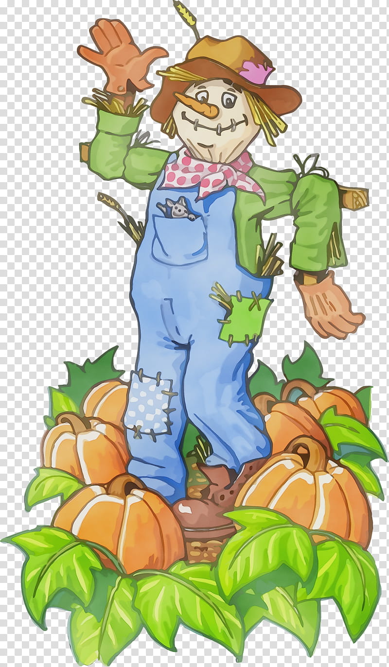 cartoon plant, Scarecrow, Pumpkin, Autumn, Thanksgiving, Watercolor, Paint, Wet Ink, Cartoon transparent background PNG clipart