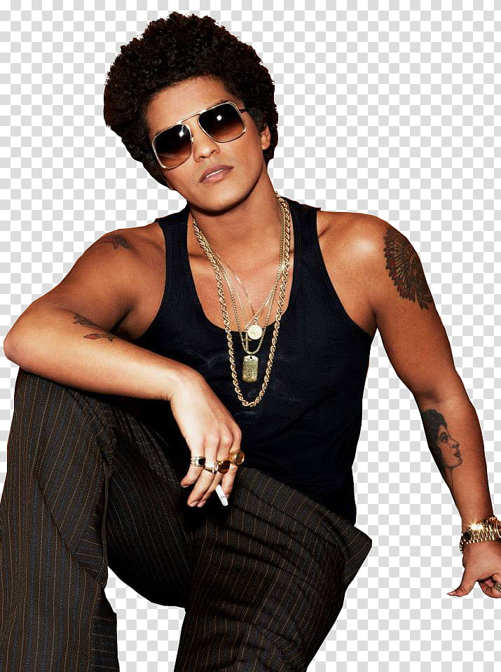 Bruno Mars wearing black tank top sitting transparent background PNG clipart
