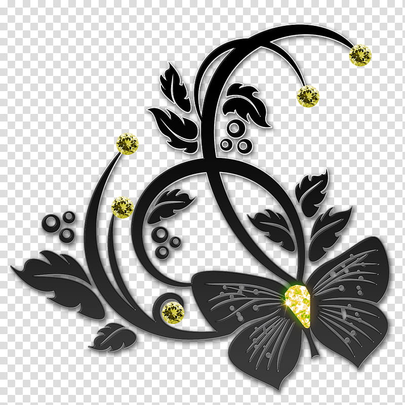 Graceful decorative embellishm, black and yellow floral work art transparent background PNG clipart
