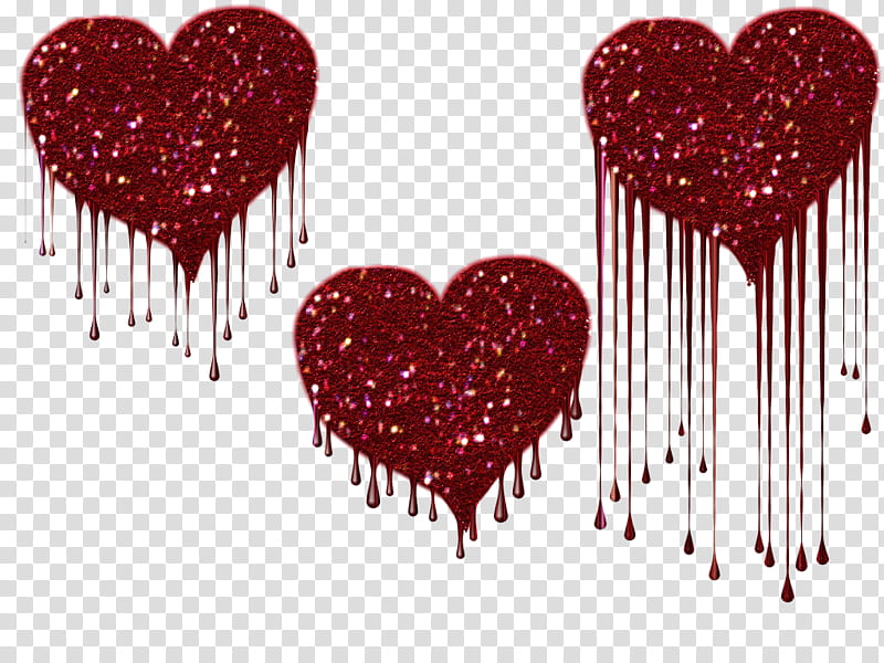 Dripping hearts, three red glittered hearts illustration transparent background PNG clipart