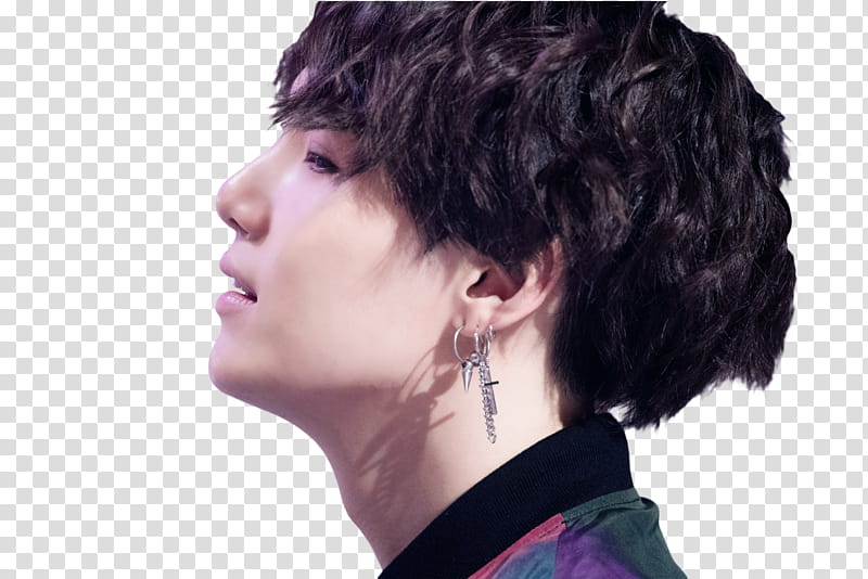 Yoongi BTS, closeup graphy of man wearing silver-colored hook earring transparent background PNG clipart
