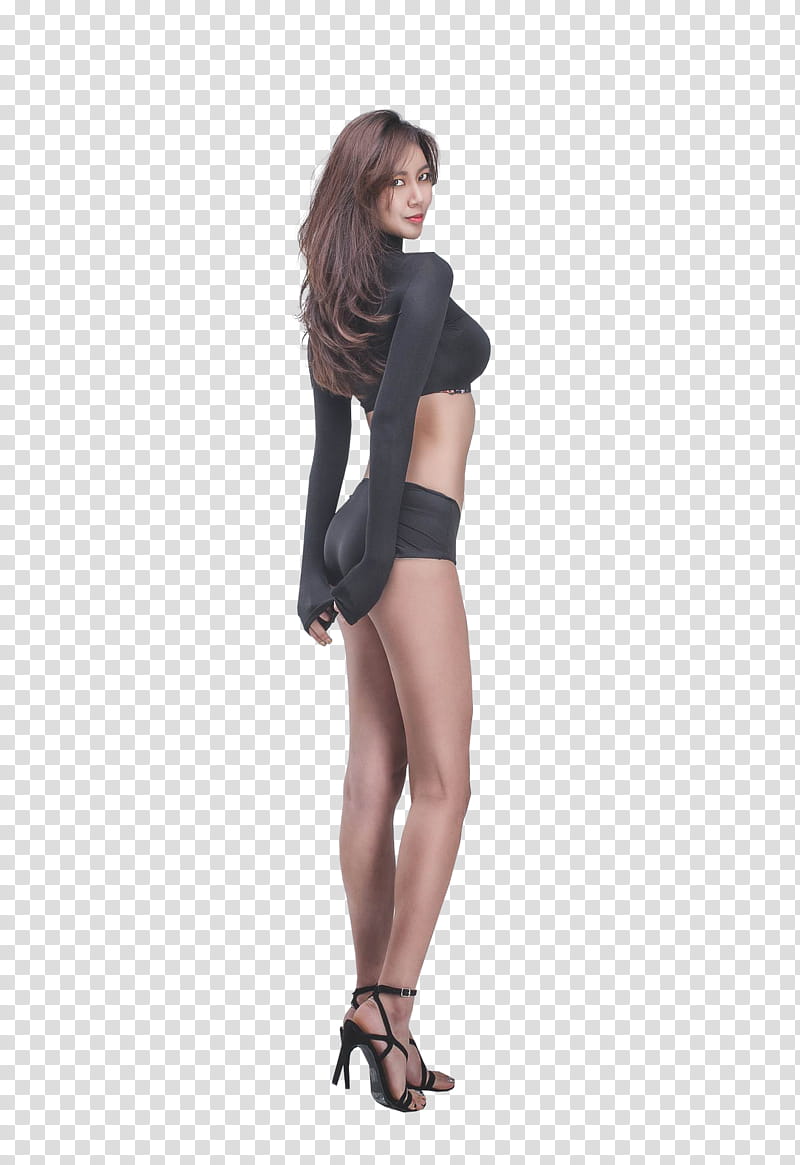BAN JI HEE, women's black long-sleeved crop top and hot shorts transparent background PNG clipart