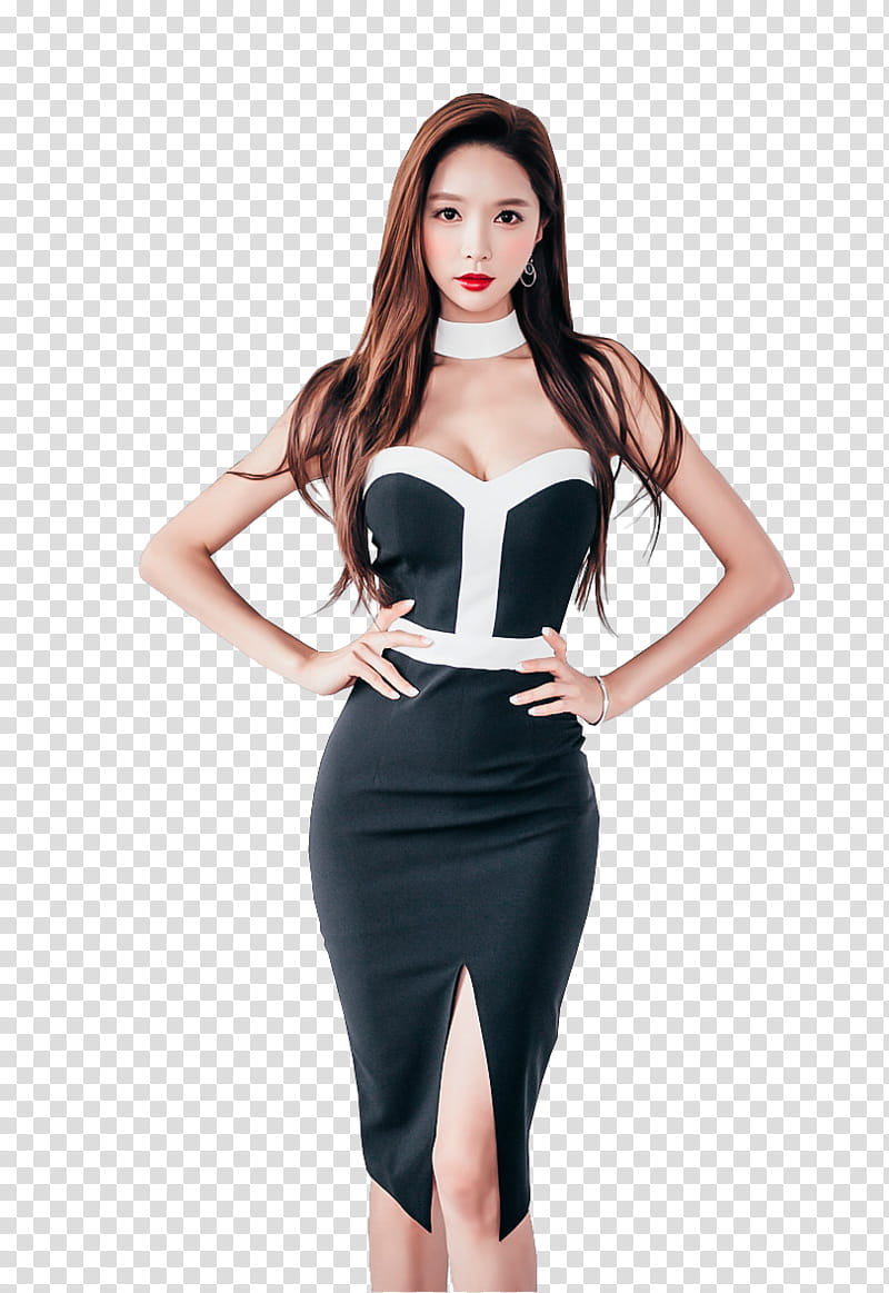 PARK SOO YEON, woman wearing black and white dress hands holding shoulder transparent background PNG clipart