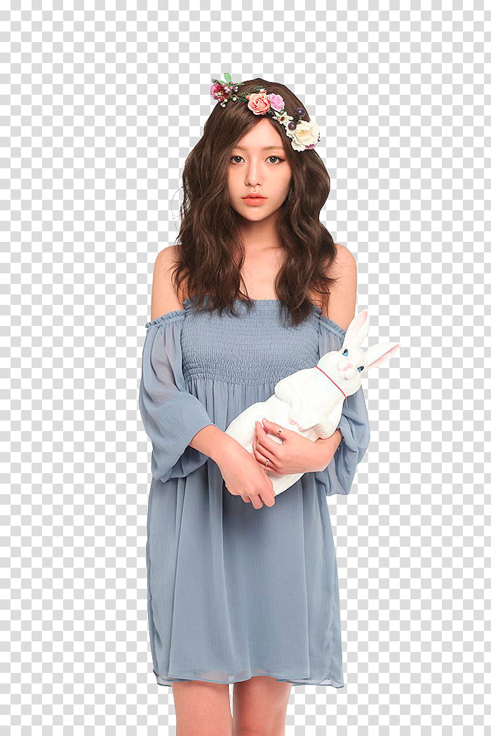 BAEK SEUNG YEON, woman wearing blue off-shoulder dress while holding rabbit plush toiy transparent background PNG clipart