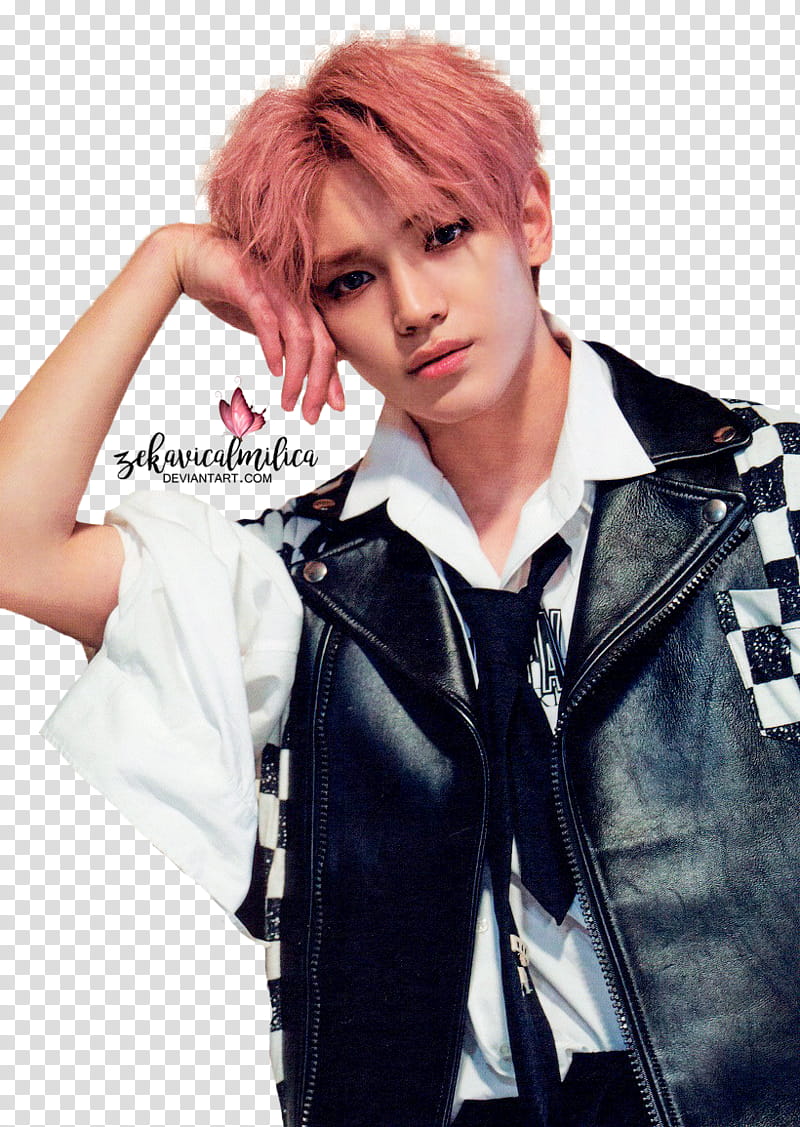 NCT  Taeyong Cherry Bomb, man in black leather full-zip vest transparent background PNG clipart