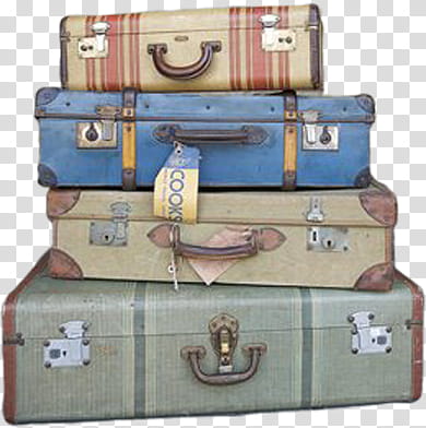 Stacked Luggage, four piled assorted-color trunks transparent background PNG clipart