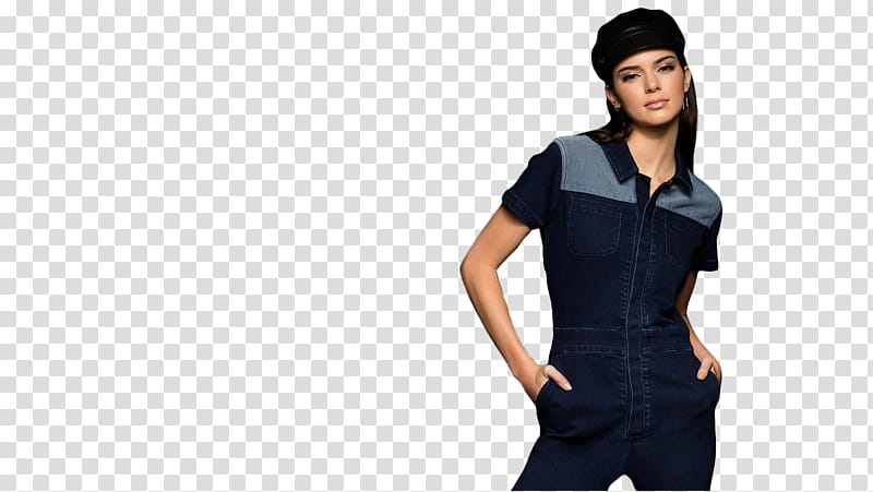 Kendall Jenner, standing woman wearing blue and gray zip-up overalls transparent background PNG clipart