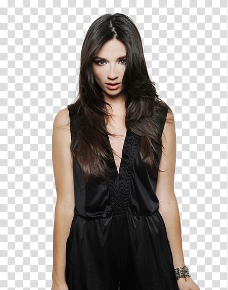 Crystal Reed, woman wearing black sleeveless dress transparent background PNG clipart