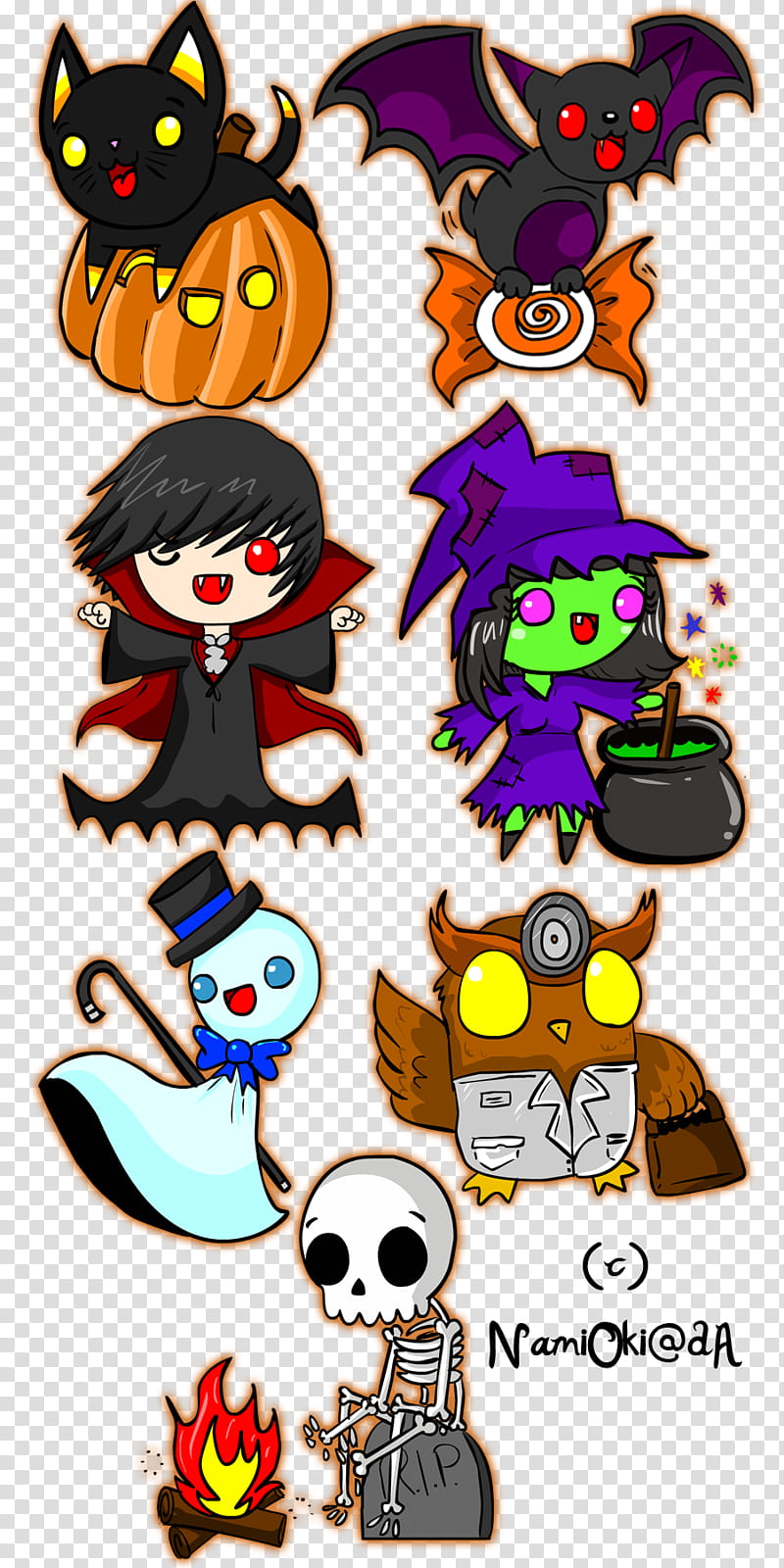 Halloween Stickers, seven cartoon character illustraiton transparent background PNG clipart