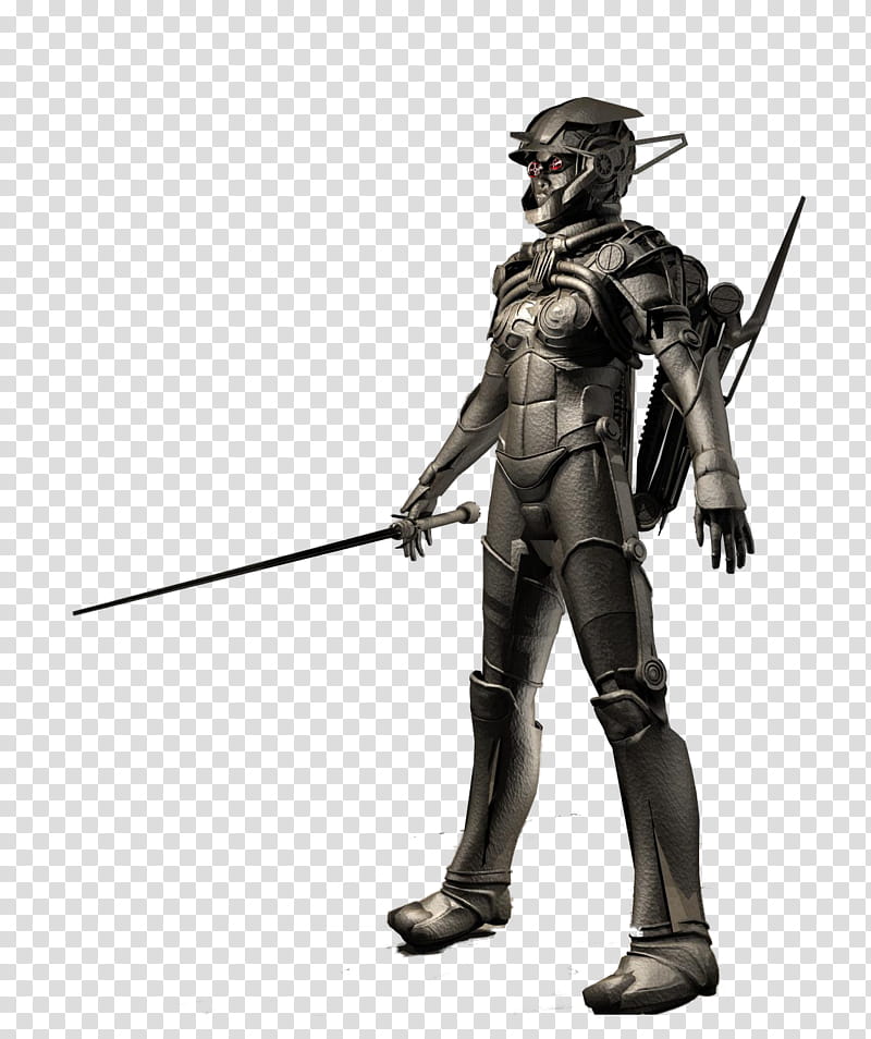 Bronze Robot, person with gray metal suit and long sword transparent background PNG clipart