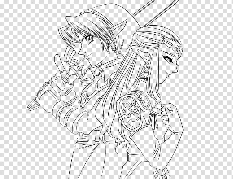 Link and Zelda line art transparent background PNG clipart