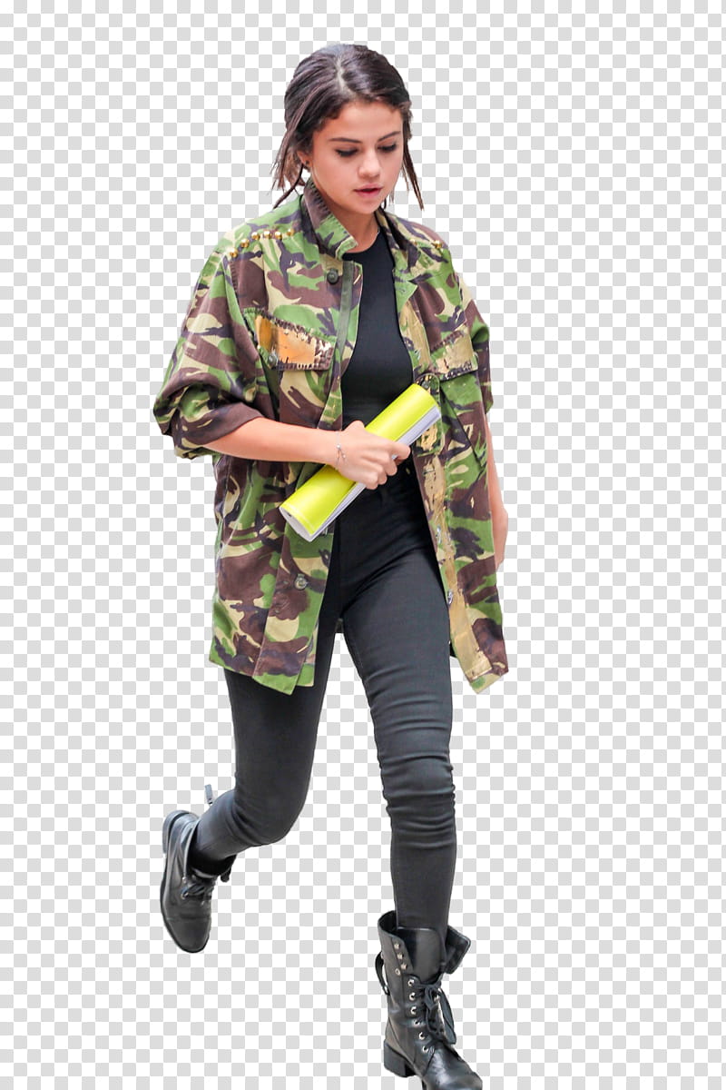 Selena Gomez, walking Selena Gomez holding yellow paper wearing green and brown camouflage jacket and black jeans transparent background PNG clipart