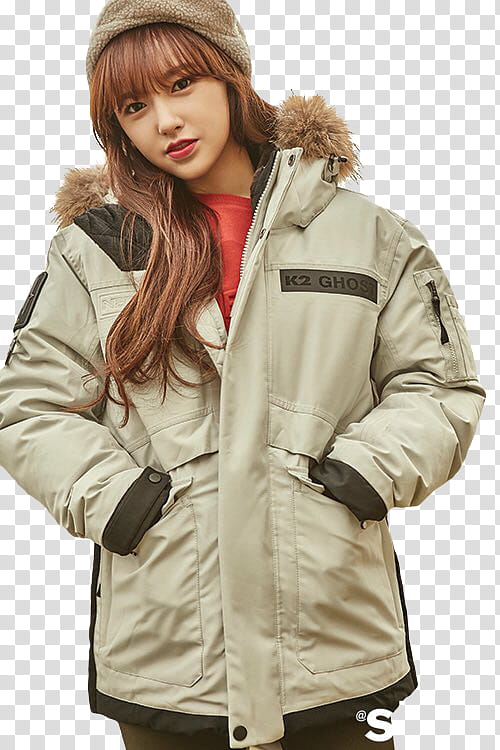 CHENG XIAO WJSN, woman wearing fur trimmed coat with her hand in pocket transparent background PNG clipart