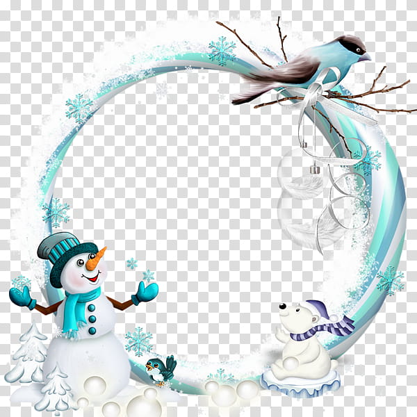 Snow, round blue and white snowman and bird illustrations transparent background PNG clipart