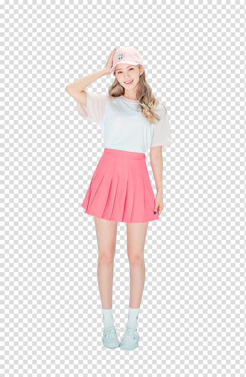 CHAE EUN, woman wearing white t-shirt and pink miniskirt transparent background PNG clipart