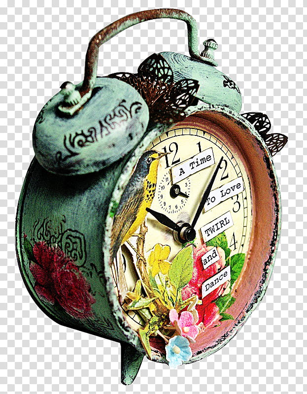 Vintage Clocks s, green and multicolored floral alarm clock with bell reading at : transparent background PNG clipart
