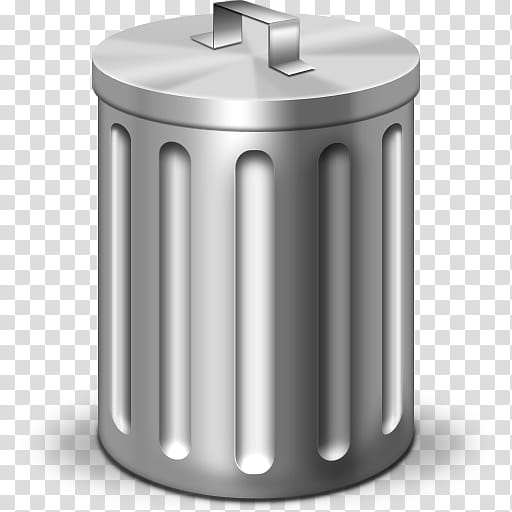 Trash Can Icon, cylindrical gray stainless steel trash bin transparent background PNG clipart