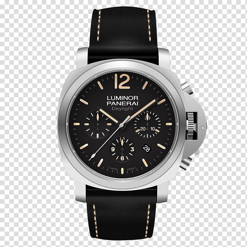 Luminor Panerai PSD Icons, x, round silver-colored bezel Luminor Paneria chronograph watch with black leather strap transparent background PNG clipart