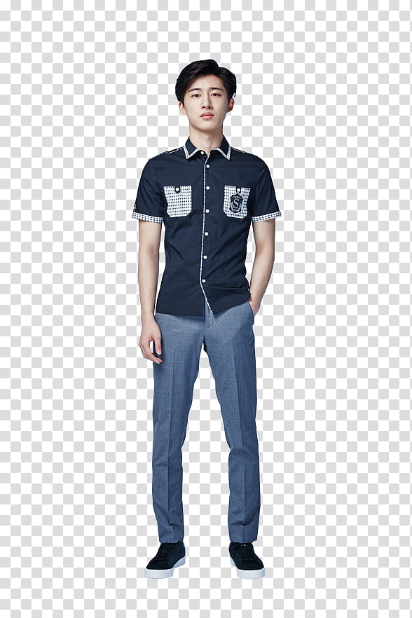 iKON Smart P, man in blue and white button-up shirt and blue dress pants with left hand on pocket transparent background PNG clipart