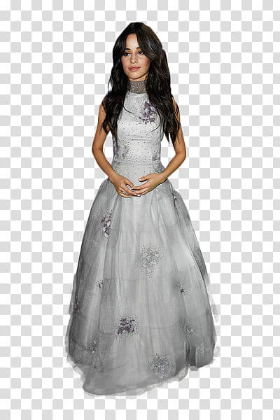 Camila Cabello, woman in grey tulle dress standing transparent background PNG clipart