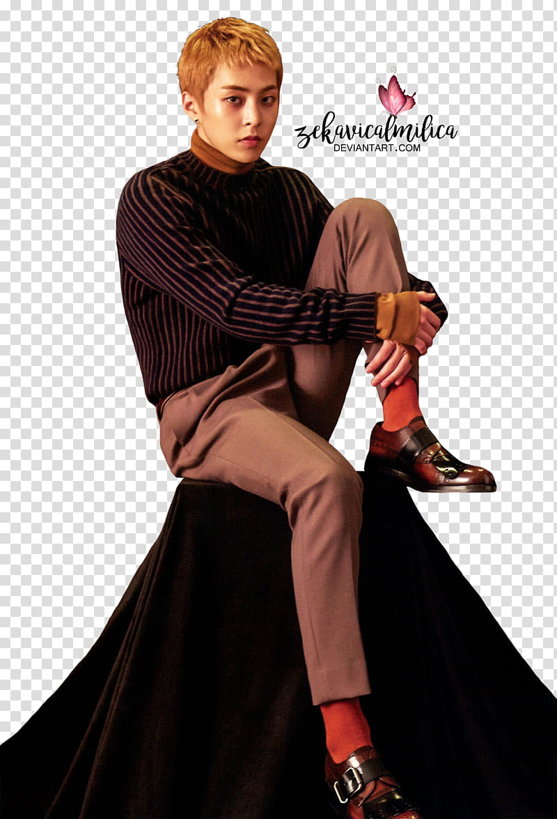 EXO Xiumin For Life, man wearing brown dress pants sitting on chair transparent background PNG clipart
