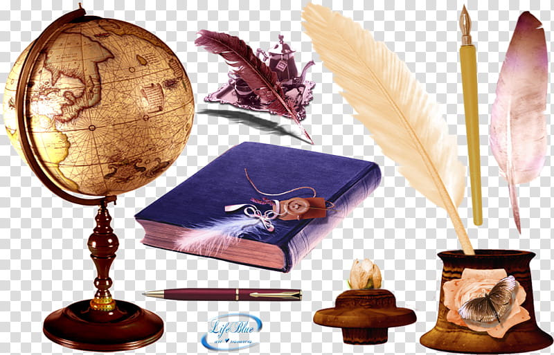 Vintage desktop objects, writing feather book and library glove transparent background PNG clipart