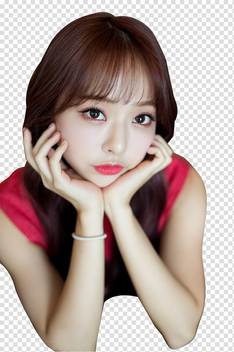 LOONA   X DISPATCH, woman wearing red sleeveless while top hands on chin transparent background PNG clipart