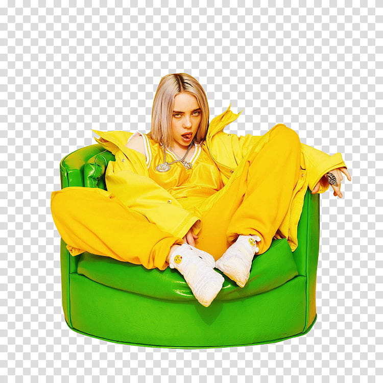 Billie Eilish, Billie Eilish sitting on green armchair transparent background PNG clipart