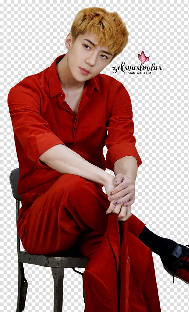 EXO Sehun superELLE, man wearing red dress shirt transparent background PNG clipart