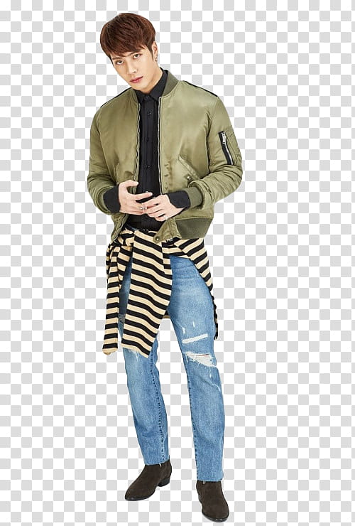 Jackson GOT, man wearing gray zip-up bomber jacket standing inside room transparent background PNG clipart