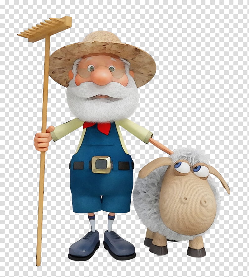 cartoon figurine toy, Farmer, Cartoon, Old Man, Watercolor, Paint, Wet Ink transparent background PNG clipart