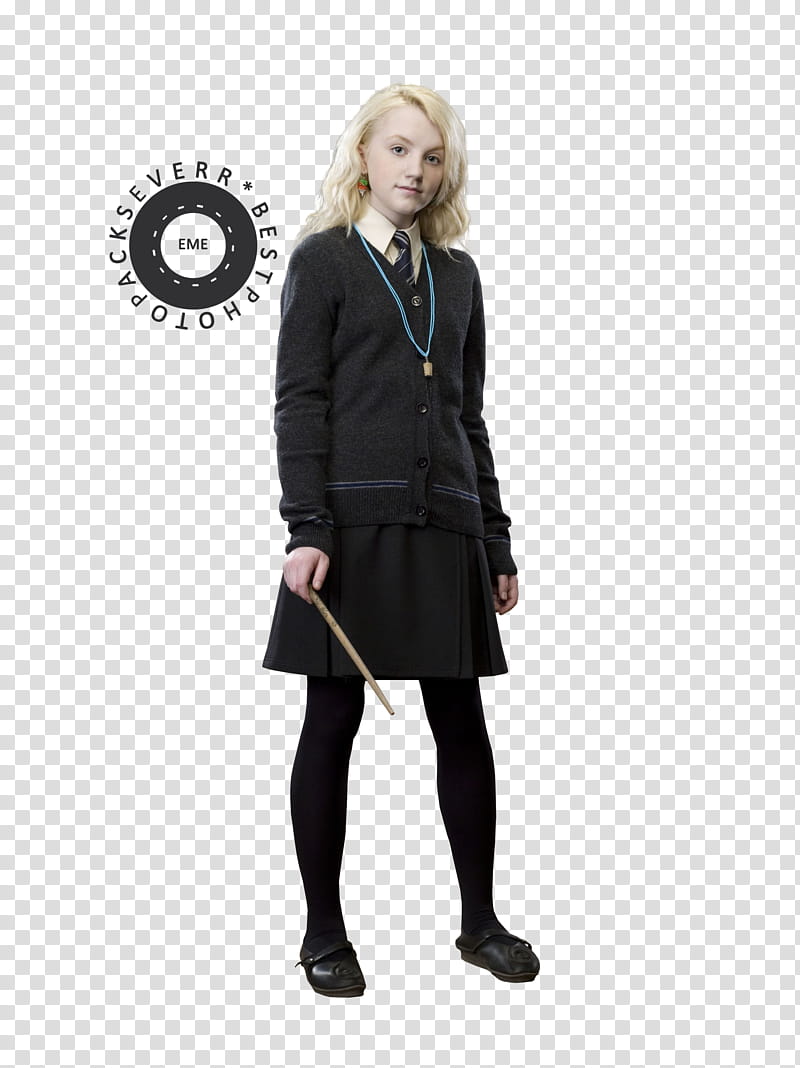 Harry Potter, girl in grey uniform stands and holds wand transparent background PNG clipart
