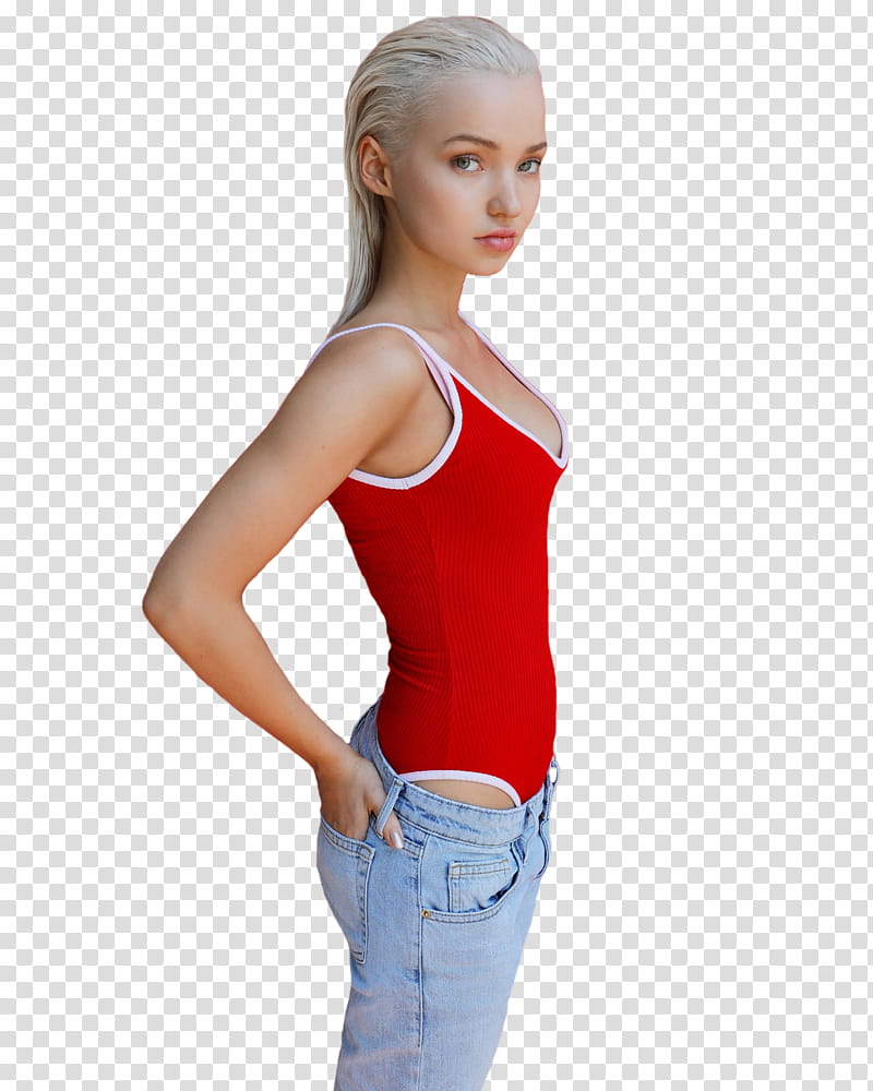 DOVE CAMERON, woman wearing red and white one-piece monokini and denim jeans outfit transparent background PNG clipart