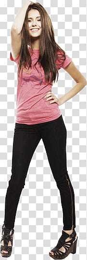 Nina Dobrev , smiling woman touching her head transparent background PNG clipart