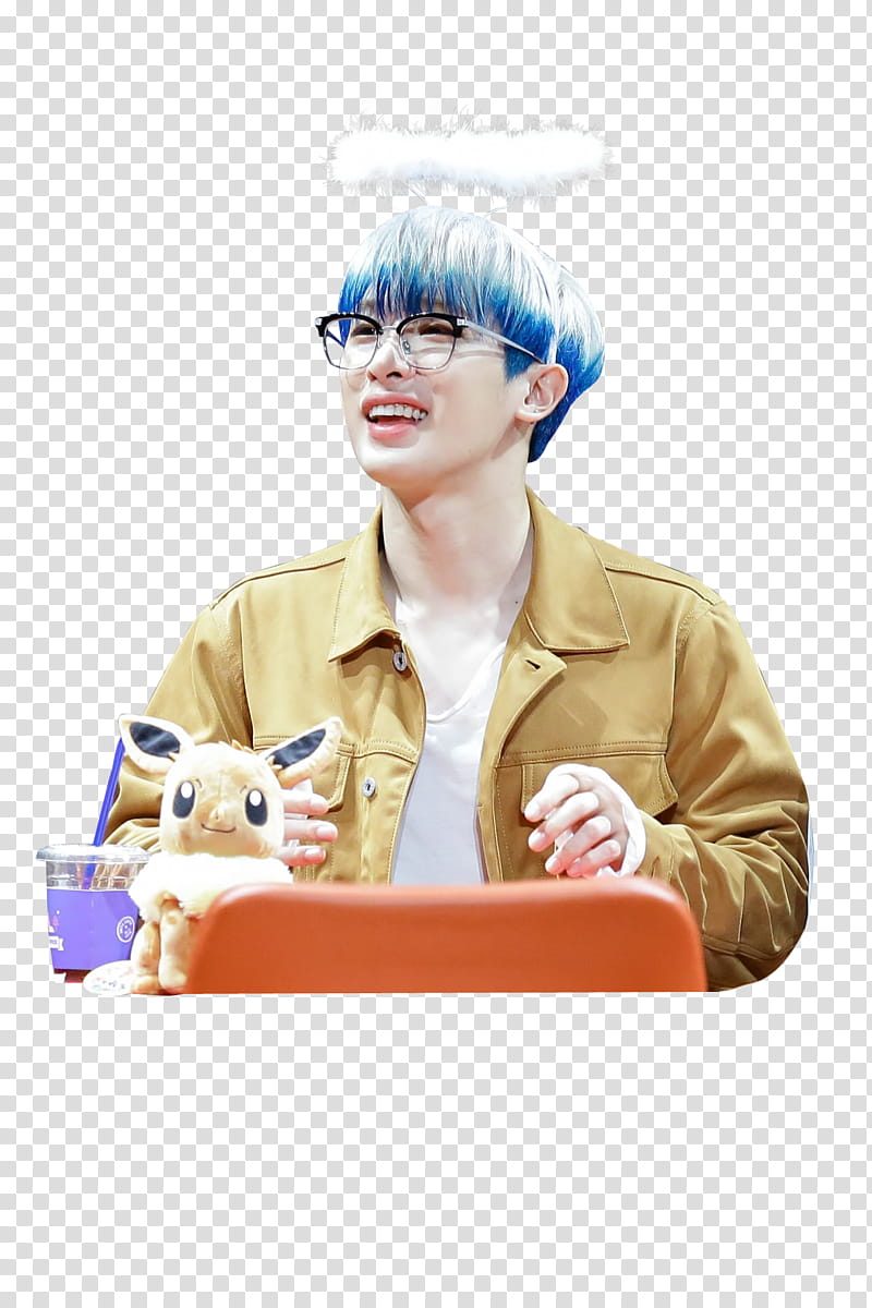 WONHO MONSTA X , man wearing brown jacket with eevee plush toy transparent background PNG clipart