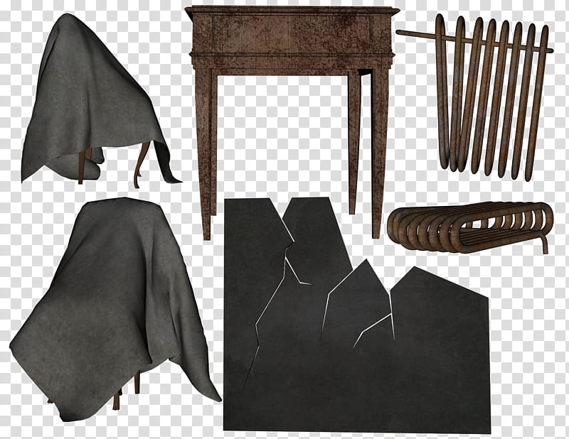 abandoned old house items, rectangular brown wooden table with gray cover transparent background PNG clipart