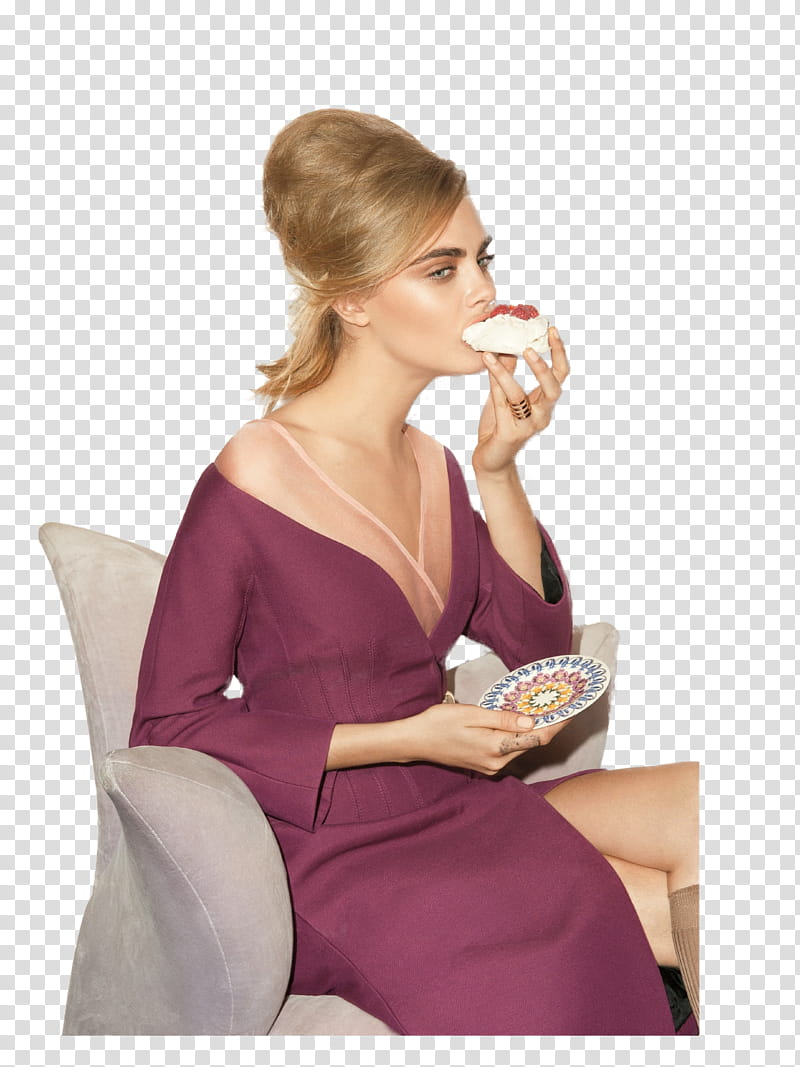 Cara Delevingne , woman sitting on chair while eating pastry transparent background PNG clipart