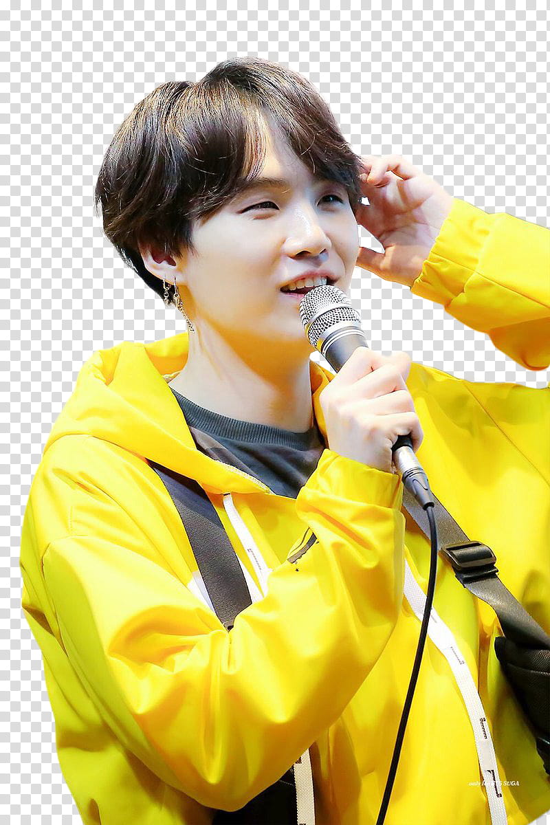 YOONGI, man in yellow jacket holding black microphone transparent background PNG clipart