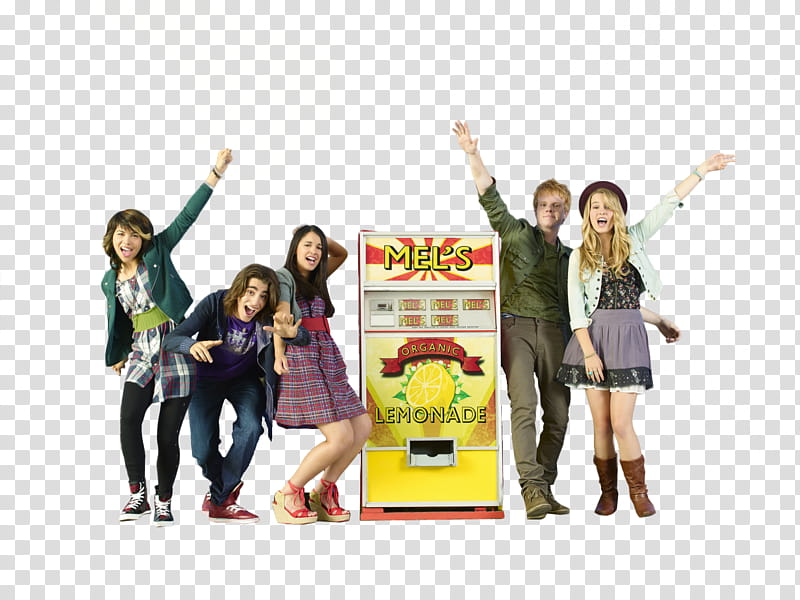 Lemonade Mouth Render, five person near a slot machine close-up transparent background PNG clipart