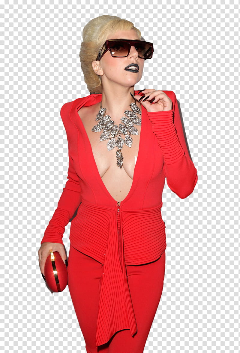 GaGa, Gwen Stefani wearing black deep V-neck long-sleeved dress and brown sunglasses transparent background PNG clipart