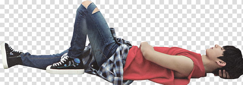 JUN SEVENTEEN ALONE, man in red shirt lying transparent background PNG clipart