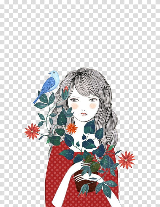 art , woman holding flower pot with bird perched painting transparent background PNG clipart