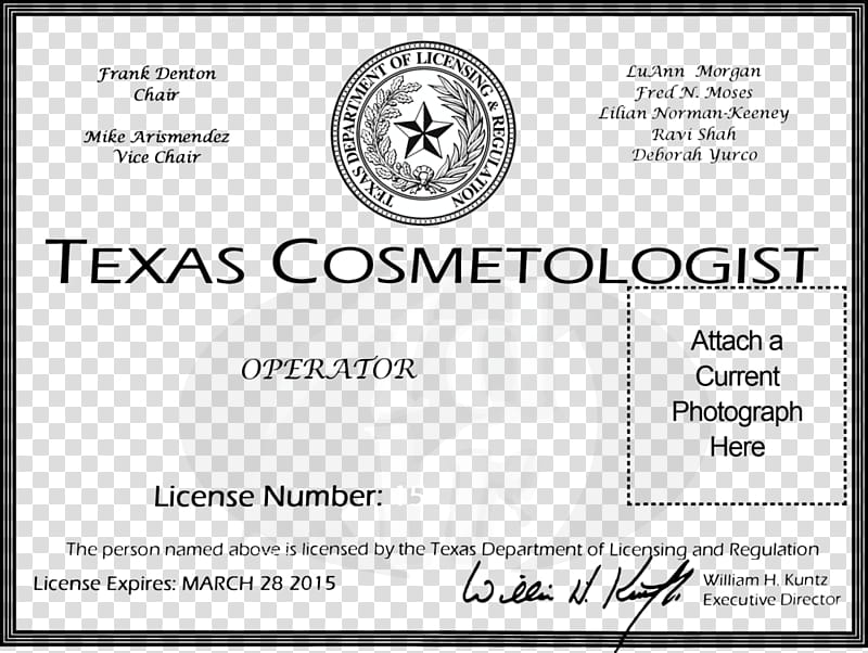 Texas Cosmetologist License, black text transparent background PNG clipart