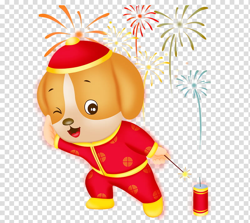 Chinese New Year Food, Dog, Firecracker, Puppy, Cartoon, Fireworks, Festival, Comics transparent background PNG clipart