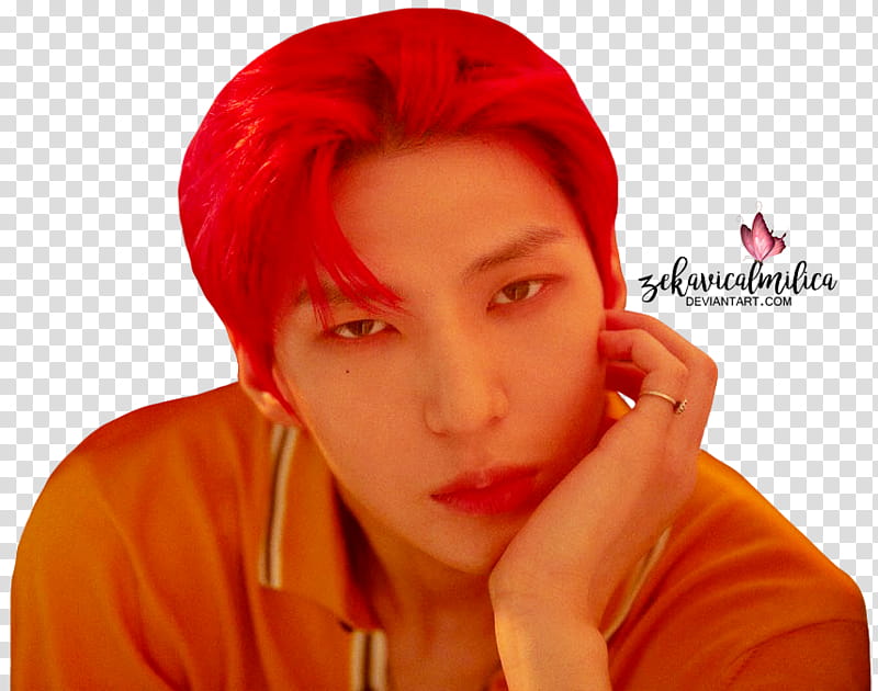 VIXX Leo Canvas, red-haired man in orange shirt with hand on face transparent background PNG clipart