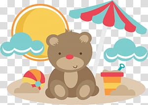 Summer , bear on seashore with sand bucket and parasol art transparent background PNG clipart